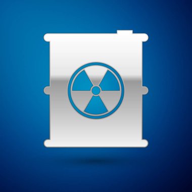 Gümüş Radyoaktif atık varil simgesi mavi arka plan üzerinde izole. Zehirli çöp fıçısı. Radyoaktif çöp emisyonları, çevre kirliliği. Vektör İllüstrasyonu