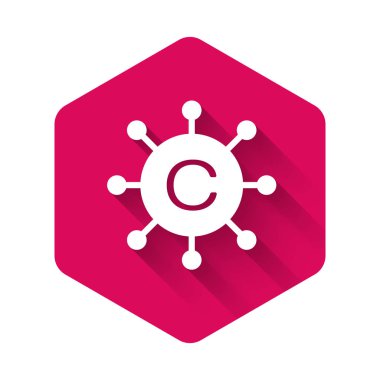 Beyaz Kopyalama Ağı simgesi uzun gölgeli izole edildi. İçerik ağ sembolü. Telif hakkı işareti. Kopyalama ağı işareti. Pembe altıgen düğmesi. Vektör İllüstrasyonu