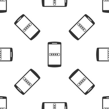 Gri Cep telefonu ve parola koruma simgesi beyaz arka plan üzerinde sorunsuz desen izole. Güvenlik, güvenlik, kişisel erişim, kullanıcı izni, gizlilik. Vektör İllüstrasyonu