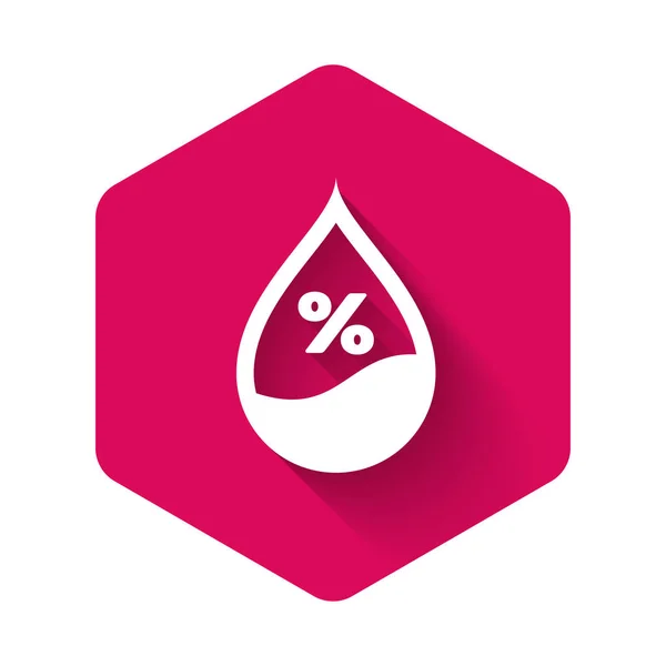 White Water drop percentage icon isolated with long shadow. Humidity analysis. Pink hexagon button. Vector Illustration — Stock Vector