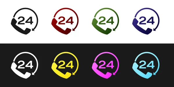 Set Telephone 24 hours support icon isolated on black and white background. All-day customer support call-center. Full time call services. Vector Illustration — Stock Vector