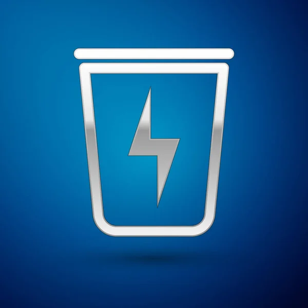 Silver Lightning with trash can icon isolated on blue background. Waste to energy. Garbage bin sign. Recycle basket sign. Vector Illustration — Stock Vector