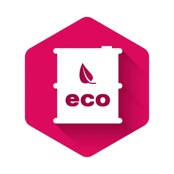 White Bio fuel barrel icon isolated with long shadow. Eco bio and canister. Green environment and recycle. Pink hexagon button. Vector Illustration — 스톡 벡터