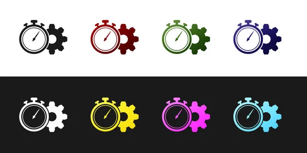 Establezca el icono Gestión del tiempo aislado en fondo blanco y negro. Señal de reloj y engranaje. Símbolo de productividad. Ilustración vectorial — Vector de stock