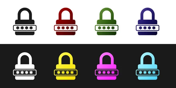 Készlet jelszó védelem és biztonság belépés ikon elszigetelt-ra fekete-fehér háttér. Lakatikon. Biztonság, biztonság, védelem, adatvédelmi koncepció. Vektoros illusztráció — Stock Vector