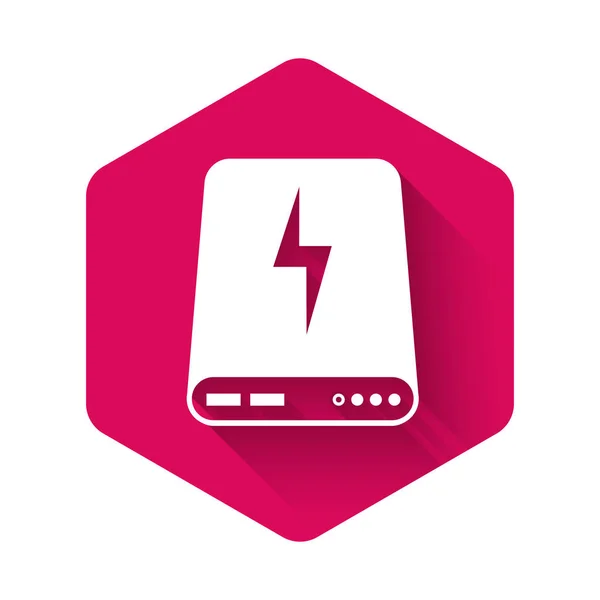 White Power bank icon isolated with long shadow. Portable charging device. Pink hexagon button. Vector Illustration — 스톡 벡터