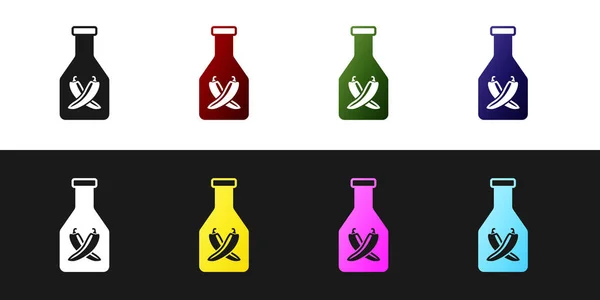 Nastavení ikony lahvičky na Ketchup na černém a bílém pozadí. Horký chilli papričový znak. Symbol grilu barbecue a BBQ. Vektorová ilustrace — Stockový vektor