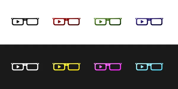 Setzen Sie die Smart-Brille auf das Brillensymbol isoliert auf schwarzem und weißem Hintergrund. Tragbare Elektronik-Smart-Brille mit Kamera und Display. Vektorillustration — Stockvektor