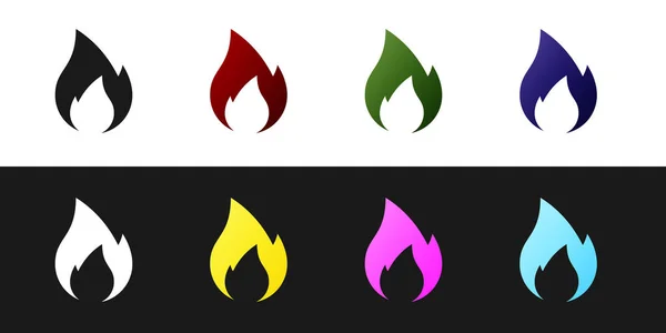 Setați pictograma foc flacără izolată pe fundal alb-negru. Simbolul căldurii. Vector Illustration — Vector de stoc