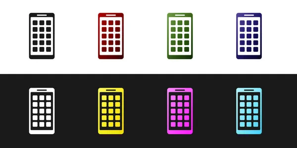 Mobil Uygulamalar simgesini siyah beyaz arka planda yalıtılmış olarak ayarlayın. Ekran simgeleri, uygulamaları ile akıllı telefon. ekran gösteren cep telefonu. Vektör İllüstrasyonu — Stok Vektör
