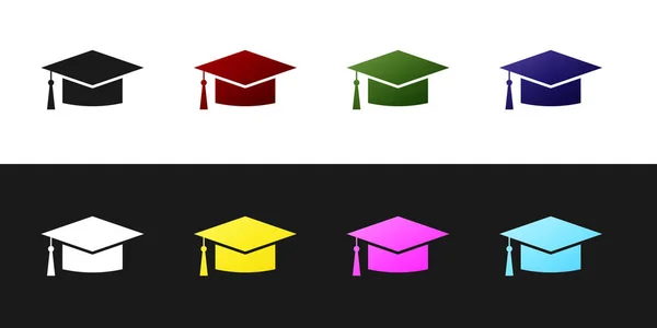 Zestaw Graduation cap ikona izolowana na czarno-białym tle. Kapelusz dyplomowy z ikoną frędzla. Ilustracja wektora — Wektor stockowy