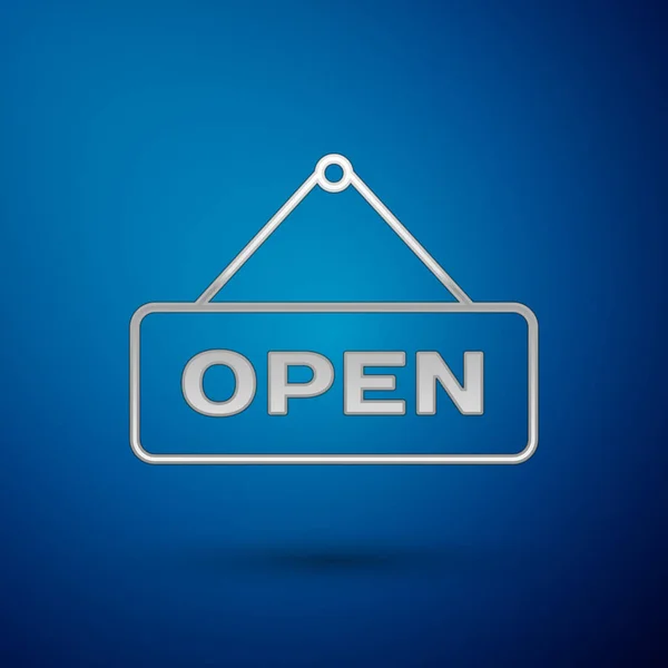 Silver Hanging σήμα με κείμενο Open πόρτα εικονίδιο απομονώνονται σε μπλε φόντο. Εικονογράφηση διανύσματος — Διανυσματικό Αρχείο