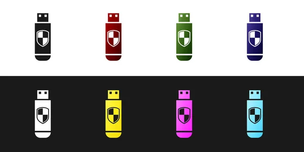 Set USB-Stick und Schutzschild-Symbol isoliert auf schwarzem und weißem Hintergrund. Vektorillustration — Stockvektor