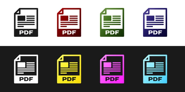 Pdf 파일 문서 아이콘을 설정합니다. 흑백 배경에 격리 된 PDF 버튼 아이콘을 다운로드합니다. PDF 파일 기호입니다. 벡터 일러스트레이션 — 스톡 벡터