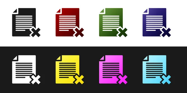 Definir Excluir ícone de documento de arquivo isolado no fundo preto e branco. Ícone de documento rejeitado. Cruze no papel. Ilustração vetorial — Vetor de Stock