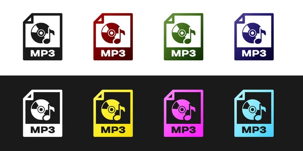 Mp3 dosya belge simgesini ayarlayın. Siyah beyaz arka planda yalıtılmış mp3 düğme simgesini indirin. Mp3 müzik formatı işareti. Mp3 dosya sembolü. Vektör İllüstrasyonu — Stok Vektör