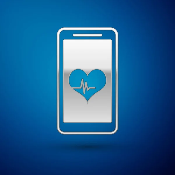 Srebrny Smartphone z ikonę funkcji monitor pracy serca na białym tle na niebieskim tle. Ilustracja wektorowa — Wektor stockowy