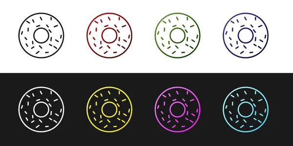 Set Donut con icono de esmalte dulce aislado sobre fondo blanco y negro. Ilustración vectorial — Archivo Imágenes Vectoriales