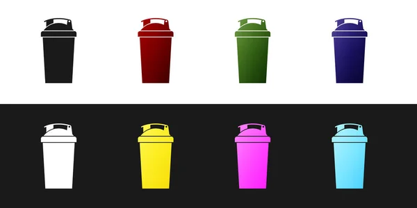 Set Fitness Shaker Symbol isoliert auf schwarz-weißem Hintergrund. Sport-Shakerflasche mit Deckel für Wasser und Proteincocktails. Vektorillustration — Stockvektor