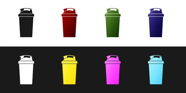 Set Icono de agitador Fitness aislado sobre fondo blanco y negro. Botella agitadora deportiva con tapa para cócteles de agua y proteínas. Ilustración vectorial — Vector de stock