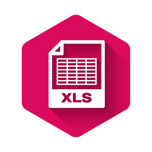 Weiße xls-Datei Dokument-Symbol. herunterladen xls Taste Symbol isoliert mit langem Schatten. Excel-Dateisymbol. rosa Sechskantknopf. Vektorillustration — Stockvektor