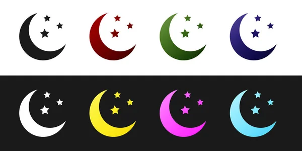 Conjunto de Luna y estrellas icono aislado sobre fondo blanco y negro. Ilustración vectorial — Archivo Imágenes Vectoriales