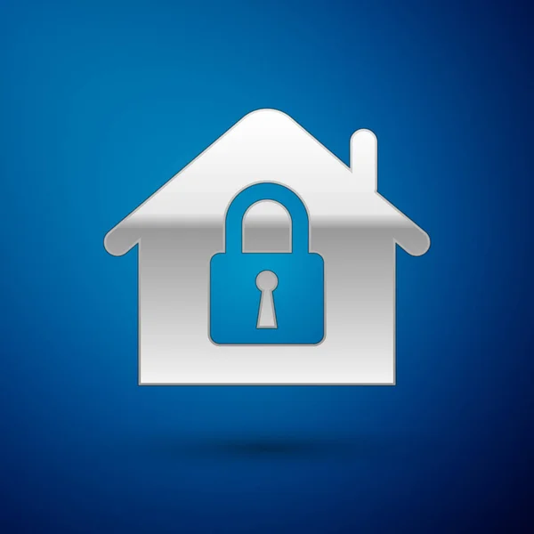 Silver House under protection icon isolated on blue background. Home and lock. Protection, safety, security, protect, defense concept. Vector Illustration — Stock Vector