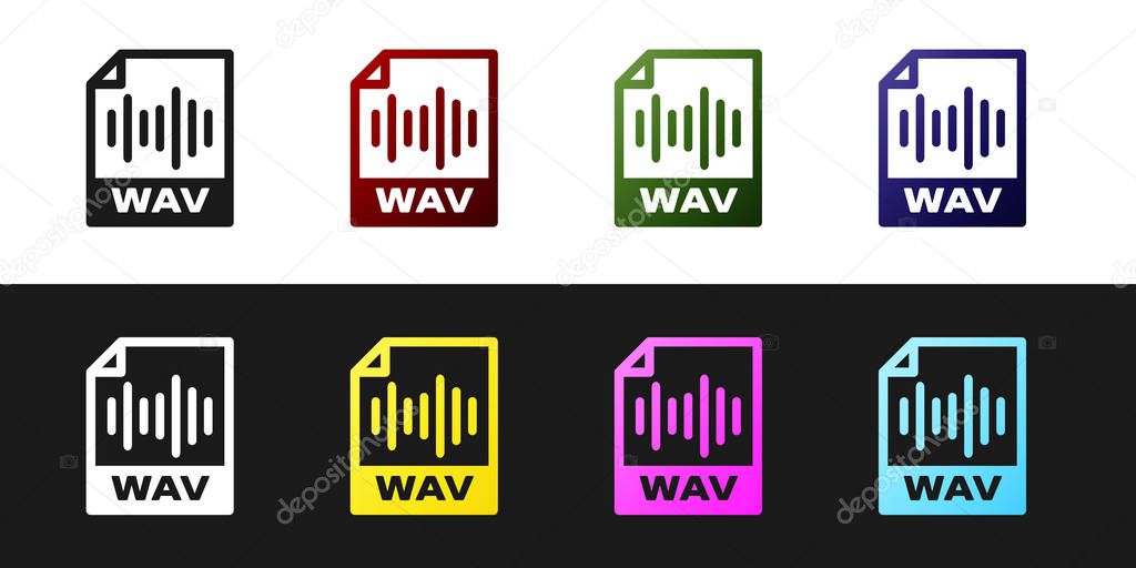 Set WAV file document icon. Download wav button icon isolated on black and white background. WAV waveform audio file format for digital audio riff files. Vector Illustration