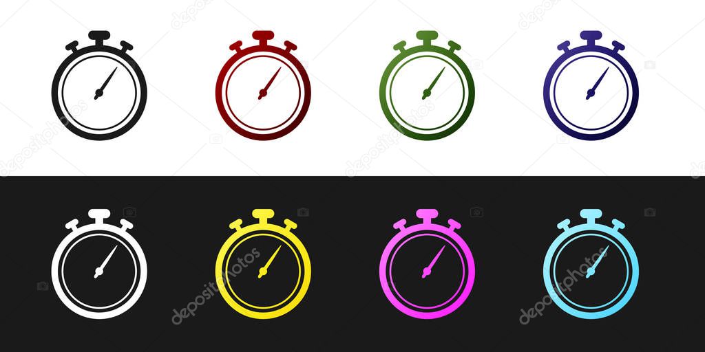Set Stopwatch icon isolated on black and white background. Time timer sign. Chronometer sign. Vector Illustration