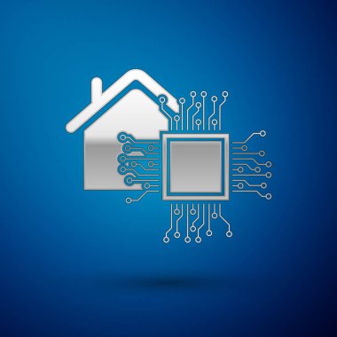 Gümüş Akıllı ev simgesi mavi arka plan üzerinde izole. Uzaktan kumanda. Vektör İllüstrasyonu