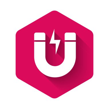 Yıldırım ikonlu beyaz mıknatıs uzun gölgeli. At nalı mıknatısı, manyetizma, manyetizma, çekim işareti. Pembe altıgen düğmesi. Vektör İllüstrasyonu