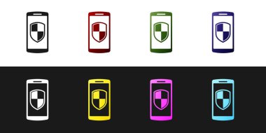 Akıllı Telefon, güvenlik kalkanı simgesi siyah ve beyaz arka plan üzerinde izole ile cep telefonu ayarlayın. Vektör İllüstrasyonu