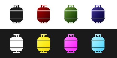 Propan gaz tankı simgesini siyah beyaz arka planda yalıtılmış olarak ayarlayın. Yanıcı gaz tankı simgesi. Vektör İllüstrasyonu