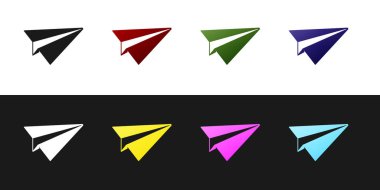 Siyah beyaz arka planda yalıtılmış Kağıt düzlem simgesini ayarlayın. Kağıt uçak simgesi. Uçak işareti. Vektör İllüstrasyonu