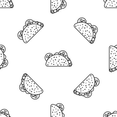 Tortilla simgesi ile Gri Taco beyaz arka plan üzerinde izole dikişsiz desen. Geleneksel Meksika fast food'u. Vektör İllüstrasyonu