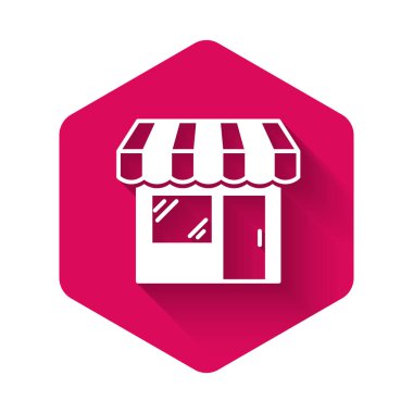 Beyaz Alış veriş binası ya da market ikonu uzun gölgeli izole edilmiş. Dükkan inşaatı. Pembe altıgen düğmesi. Vektör İllüstrasyonu