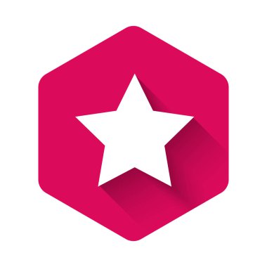 White Star icon isolated with long shadow. Favorite, best rating, award symbol. Pink hexagon button. Vector Illustration