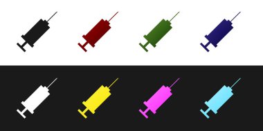 Siyah beyaz arka planda izole edilmiş Şırınga simgesini ayarlayın. Aşı, aşı, enjeksiyon, grip aşısı için şırınga. Tıbbi ekipmanlar. Vektör İllüstrasyonu