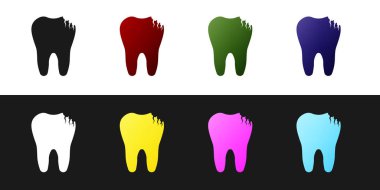 Kırık diş simgesini siyah beyaz arka planda yalıtılmış olarak ayarlayın. Diş problemi simgesi. Diş bakımı sembolü. Vektör İllüstrasyonu