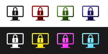 Siyah beyaz arka planda yalıtılmış bilgisayar monitörü ekran simgesine Kilit'i ayarlayın. Monitör ve asma kilit. Güvenlik, güvenlik, koruma konsepti. Güvenli internet çalışması. Vektör İllüstrasyonu