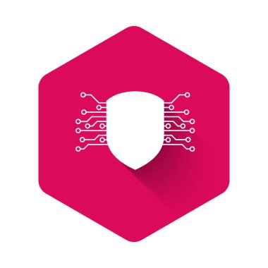 Beyaz Siber Güvenlik ikonu uzun gölgeli izole edilmiş. Kalkan işareti. Güvenlik kavramı. Dijital veri koruması. Pembe altıgen düğmesi. Vektör İllüstrasyonu