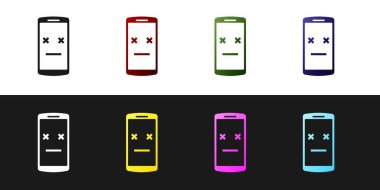 Ölü telefon simgesini siyah beyaz arka planda yalıtılmış olarak ayarlayın. Vefat eden dijital cihaz emoji sembolü. Yüz duygularını gösteren ceset akıllı telefonu. Vektör İllüstrasyonu