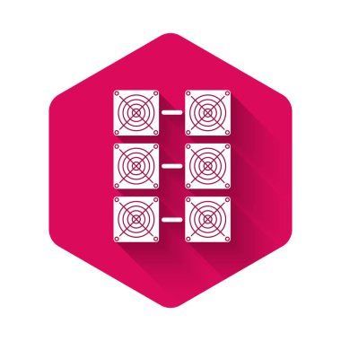 White Mining farm icon isolated with long shadow. Cryptocurrency mining, blockchain technology, bitcoin, digital money market, cryptocoin wallet. Pink hexagon button. Vector Illustration