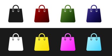 Siyah beyaz arka planda yalıtılmış Çanta simgesini ayarlayın. Shoping çanta işareti. Kadın çantası simgesi. Kadın çanta tabelası. Glamour rahat bagaj. Vektör İllüstrasyonu
