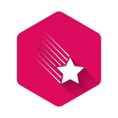 Beyaz Kayan Yıldız ikonu uzun gölgelerle izole edilmiş. Yıldız izi ile kayan yıldız. Göktaşı, göktaşı, kuyruklu yıldız, asteroid, yıldız ikonu. Pembe altıgen düğmesi. Vektör İllüstrasyonu