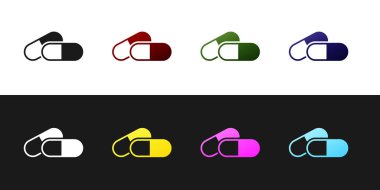 Siyah ve beyaz arkaplanda ilaç veya tablet simgesini izole et. Kapsül hapı ve uyuşturucu işareti. Eczane tasarımı. Vektör İllüstrasyonu