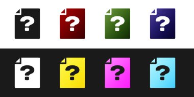 Siyah beyaz arka planda yalıtılmış Bilinmeyen belge simgesini ayarlayın. Soru işareti içeren dosya. Raporu, hizmeti ve genel arama işaretini tutun. Vektör İllüstrasyonu