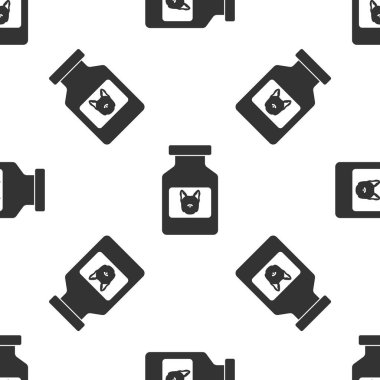 Gri Köpek ilaç şişe simgesi beyaz arka plan üzerinde sorunsuz desen izole. Haplarla dolu bir kap. Hayvanlar için reçeteli ilaç. Vektör İllüstrasyonu