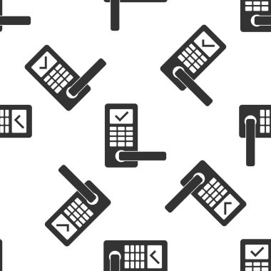 Beyaz arka plan üzerinde izole edilmiş simge kilidini açmak için kablosuz teknolojiye sahip Gri Dijital kapı kilidi. Kapı kolu işareti. Kavramın güvenlik akıllı ev. Vektör İllüstrasyonu