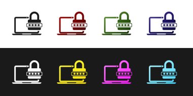 Dizüstü Bilgisayarı, siyah beyaz arka planda yalıtılmış parola bildirimi ve kilit simgesiyle ayarlayın. Güvenlik kavramı, kişisel erişim, kullanıcı yetkilendirme, giriş formu. Vektör İllüstrasyonu